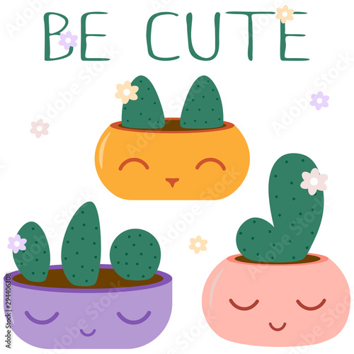Cute flowerpots with cactuses. Kawaii cartoon flowers. Emoji elements for postcard or invitation card, poster, print. Vector illustration.