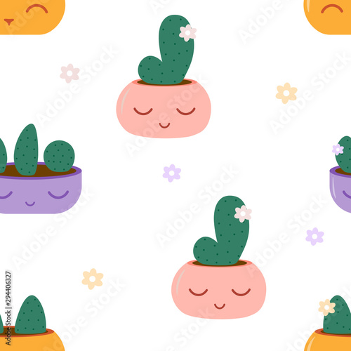 Cute flowerpots pattern. Kawaii cartoon flowers. Emoji cactuses for postcard or invitation card, poster, print. Vector illustration.