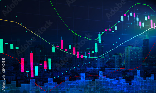 Stock graph chart analysis with parabolic indicator and volume diagram with cityscape night view on background, stock chart analysis by indicators concept