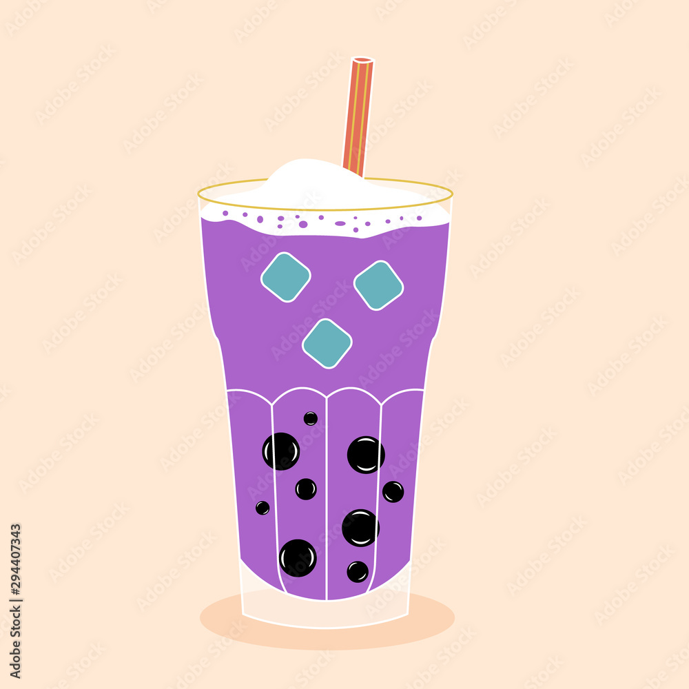 Bubble tea with tapioca with ice. Milk smoothie. Cocktail with a straw. Vector editable illustration Bubble tea with tapioca with ice. Milk smoothie. Cocktail with a straw. Vector editable illustration