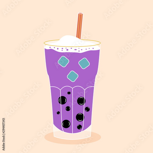 Bubble tea with tapioca with ice. Milk smoothie. Cocktail with a straw. Vector editable illustration