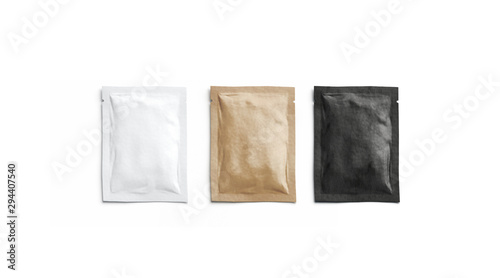 Blank black, white and craft paper sachet packet mockup, isolated