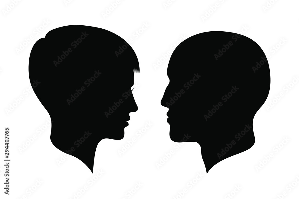 Man and woman silhouettes heads. Male and female profiles isolated on white background. Human heads symbols. Vector illustration