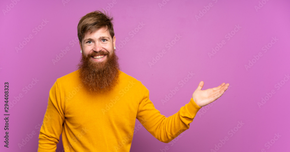 Redhead man with long beard over isolated purple background smiling a lot Redhead man with long beard over isolated purple background smiling a lot