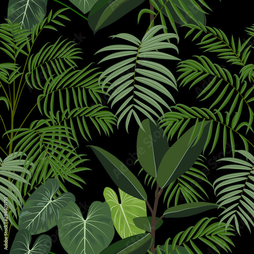 Tropical jungle palm leaves seamless pattern, vector background