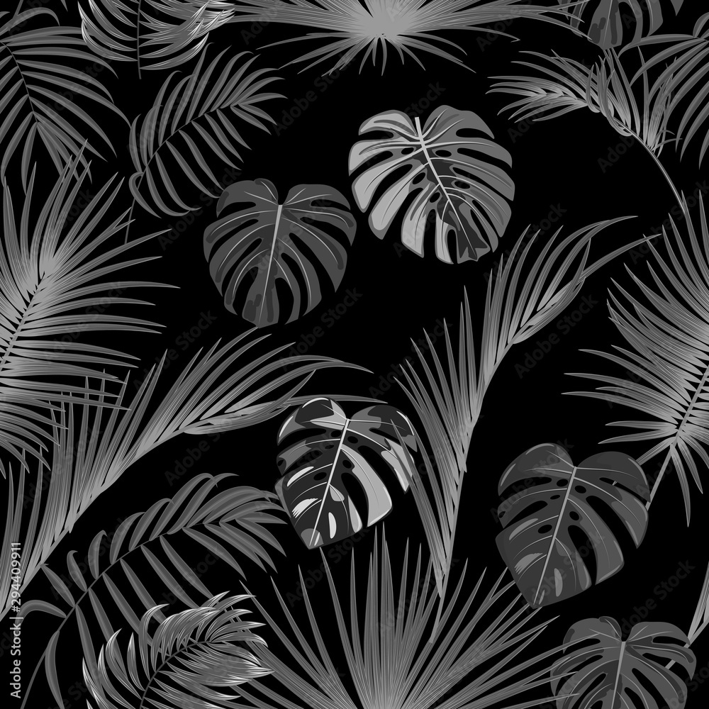 Tropical jungle palm leaves seamless pattern, vector background