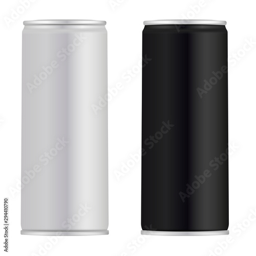Slim aluminum can. Juice tin mockup. Energy drink blank isolated on white. Vector design of soda or beer beverage. Realistic cold lemonad brand product package. Stainless steel jar mock up