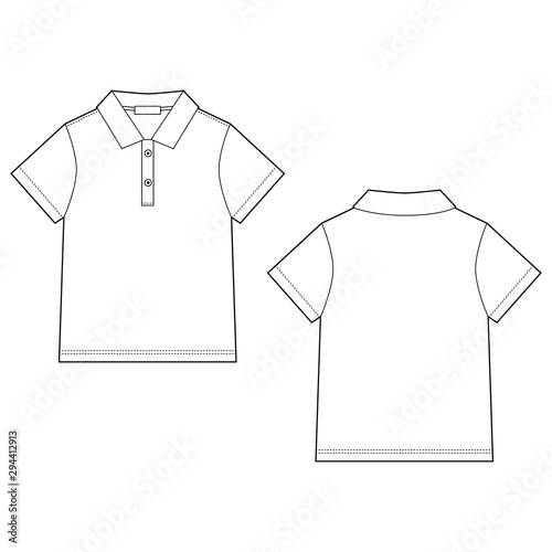 White polo t-shirt design template. Front and back technical sketch unisex polo t shirt.