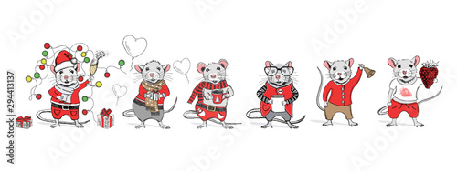 Mouse hand drawn illustration. New Year card.