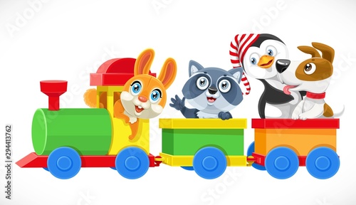 Toy train with soft toys hare, dog, penguin, raccoon ride in wagons  isolated on white background