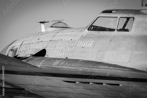 B-17 Flying Fortress cockpit and fuselage side zoomed view Black and white