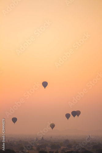 Hot-Air Balloons and Pagodas at misty Old Bagan, Myanmar
