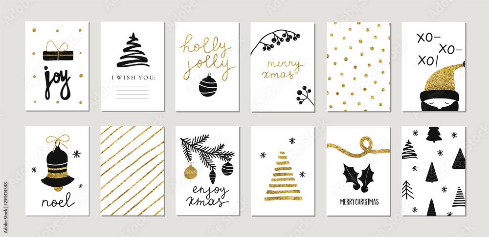 Set of christmas new year winter holiday cute greeting cards with gold texture objects. Vector abstract trendy illustration in minimalistic hand drawn flat style - obrazy, fototapety, plakaty 