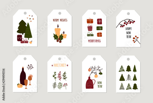 Set of christmas new year winter holiday greeting gift tags with xmas decoration. Vector abstract trendy illustration in minimalistic hand drawn flat style