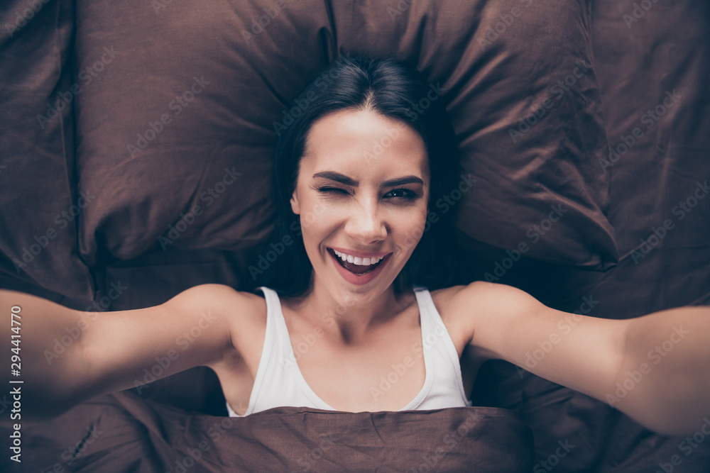 Self-portrait of her she nice-looking attractive lovable winsome lovely cute cheerful cheery glad girl covered marsala veil lying in bed winking room flat house indoors Self-portrait of her she nice-looking attractive lovable winsome lovely cute cheerful cheery glad girl covered marsala veil lying in bed winking room flat house indoors