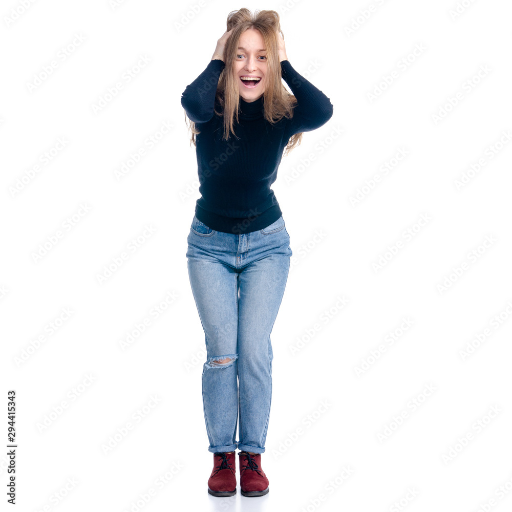 Woman in jeans and sweater happiness standing smiling on white background isolation Woman in jeans and sweater happiness standing smiling on white background isolation