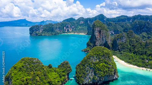 Aerial view Railay East Beach and Phra Nang Cave Beach in beautiful bay in Krabi province, tropical coast with paradise beaches, Thailand.