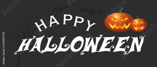 happy halloween day website banner background with pumpkin tree and bat