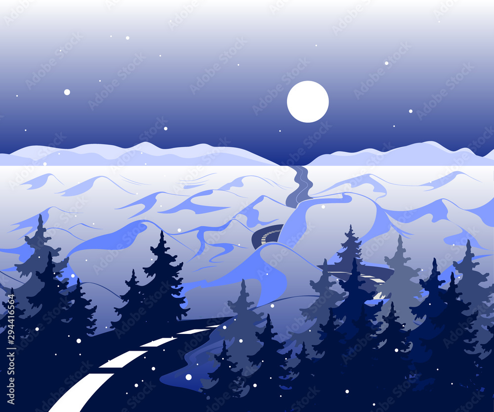 Obraz premium Vector winter Background with road and snowy valley with trees. The arctic landscape with mountains in the horizon with the beautiful moon