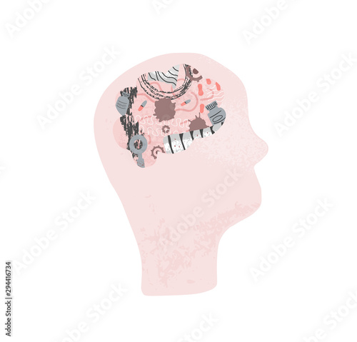 Mental concept. Vector head with collage decor.