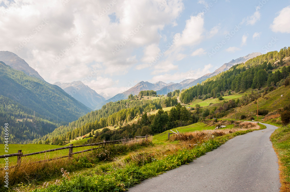 Bos-Cha, Bergdorf, Ardez, Wanderweg, Bergstrasse, Felder, Landwirtschaft, Bergbauer, Wald, Bergwiese, Bergkräuter, Unterengadin, Sommer, Graubünden, Alpen, Inn, Inntal, Schweiz