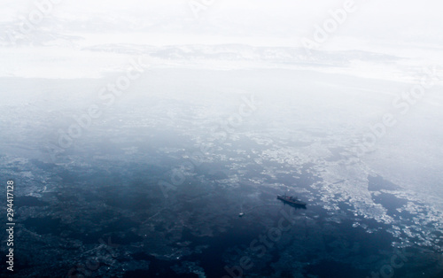 Frozen ship in the Kamchatka harbor 