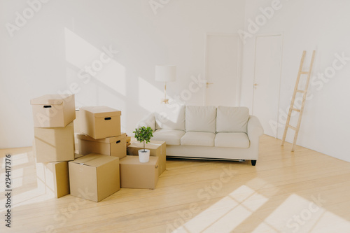Spacious room with sofa, piles of cardboard boxes and ladder, white walls, with no people, personal belongings, domestic flower in pot, floor lamp. Loan mortgage and delivery service concept © VK Studio