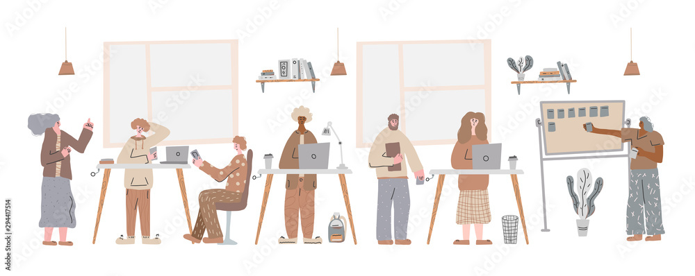 Obraz premium Business people work at a table. Vector concept.
