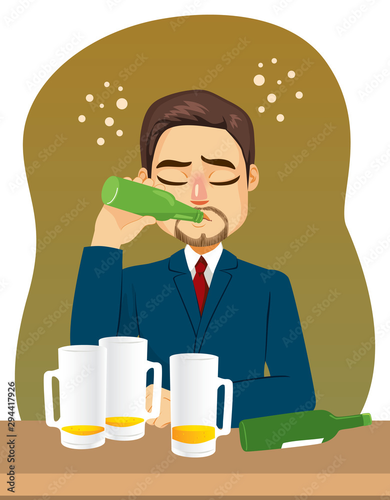 Businessman on bar with multiple beer mugs and bottle drinking alcohol addiction concept Businessman on bar with multiple beer mugs and bottle drinking alcohol addiction concept