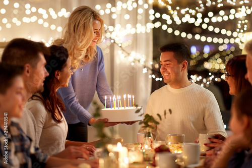 Canvas Print celebration and people concept - happy family with cake having birthday party at