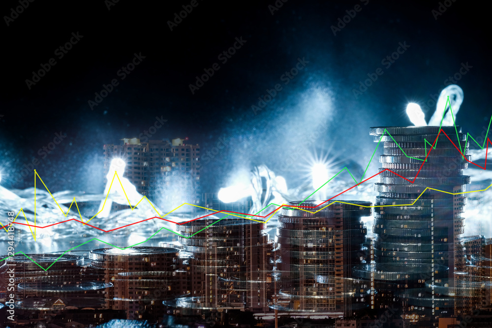 Obraz premium Double exposure of graph, Double exposure of graph and rows of coins for finance and business concept, Businessman plan growth.