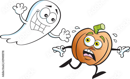 Cartoon illustration of a scared pumpkin running from a ghost.