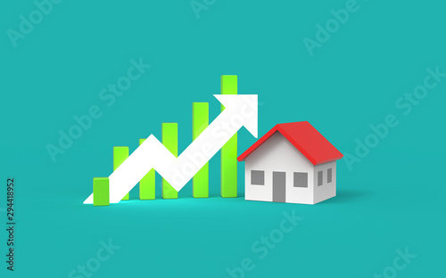 Growth real estate concept. Business graph and home. 3D Illustration.