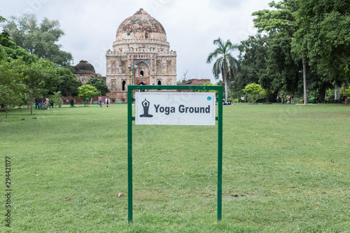 New Delhi, India - August 18, 2019: Yoga Ground Sign at Lodhi Garden in New Delhi India