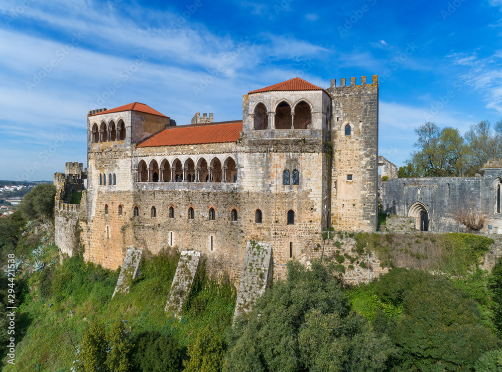 Aerial view on Medieval Templar Knights Castle built on top of a hill, Leiria, Portugal