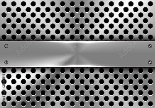 Realistic metal banner on circle mesh design modern futuristic industrial factory technology background vector.