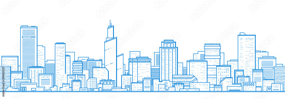 Seamless city landscape. Cityscape with buildings. Simple blue background. Urban silhouette. Line art. Beautiful template. Modern city with layers. Flat style vector illustration. - obrazy, fototapety, plakaty 