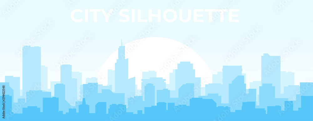 Seamless silhouette of the city. Cityscape with buildings. Simple blue background. Urban landscape. Beautiful template. Modern city with layers. Flat style vector illustration.