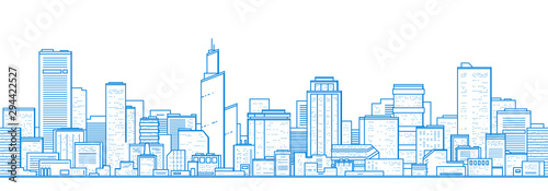 Seamless city landscape. Cityscape with buildings. Simple blue background. Urban silhouette. Line art. Beautiful template. Modern city with layers. Flat style vector illustration.