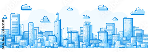 Seamless city landscape. Cityscape with buildings. Simple blue background. Urban silhouette. Line art. Beautiful template. Modern city with layers. Flat style vector illustration.