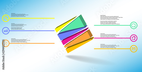 3D illustration infographic template with embossed cube randomly divided to six parts askew arranged