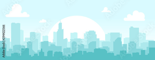 Seamless silhouette of the city. Cityscape with buildings. Simple blue background. Urban landscape. Beautiful template. Modern city with layers. Flat style vector illustration. photo