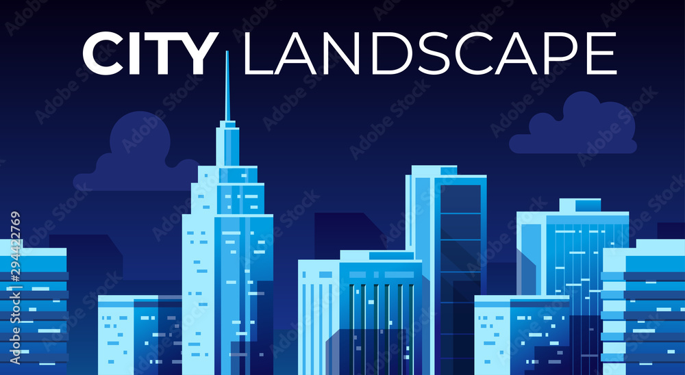Naklejka premium Seamless night city landscape. Cityscape with buildings. Urban silhouette. Beautiful background template. Modern smart city with layers. Cartoon design. Flat style vector illustration.