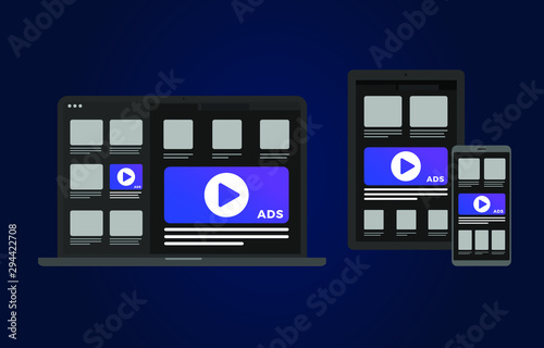 Cross-device programmatic advertising flat vector concept. Online marketing target on multi device and gadgets - laptop, Tablet PC, mobile phone and smart watch.