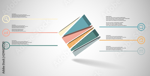 3D illustration infographic template with embossed cube randomly divided to six parts askew arranged