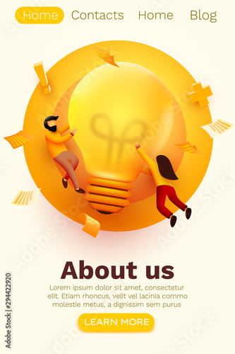 3d Business People with Big Light Bulb Idea. Innovation, Brainstorming, Creativity Concept. Website Landing page.