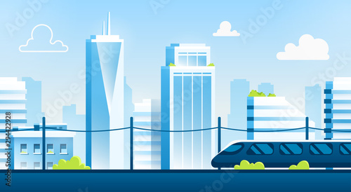 Seamless city landscape. Cityscape with buildings. Urban silhouette. Beautiful background template. Modern smart city with layers. Cartoon design. Flat style vector illustration.