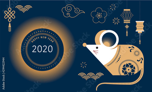 Happy Chinese new year design. 2020 Rat zodiac. Cute mouse cartoon. Vector illustration and banner concept in flat style photo