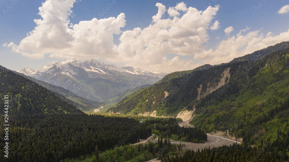Racha is one of the mountain regions of Georgia. Shaowi Reservoir. Near the town of Ambrolauri. Caucasus Mountains. Spring 2019