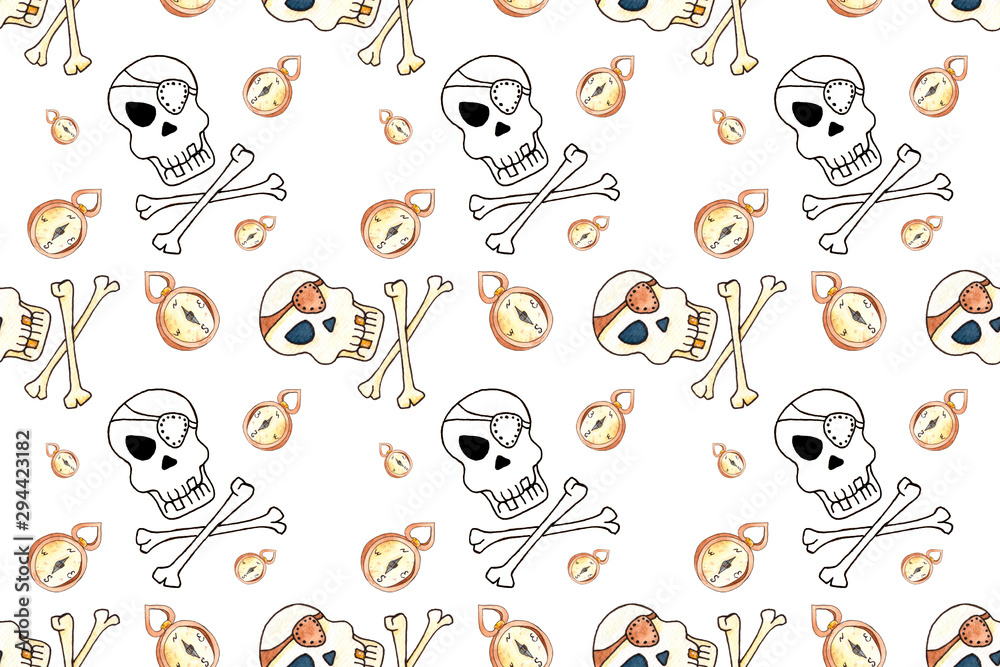 Jolly Roger with eyepatch logo template. Evil skull watercolor illustration. Seamless pattern on white background